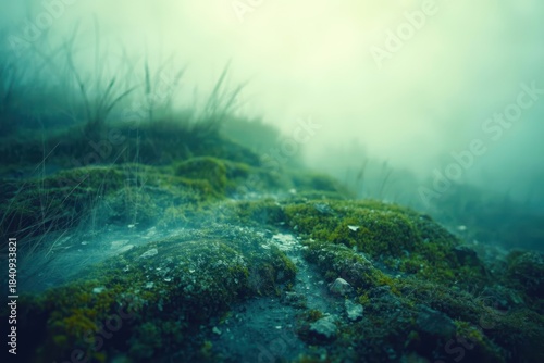 Wallpaper Mural A foggy, misty landscape with a lot of green moss and grass Torontodigital.ca