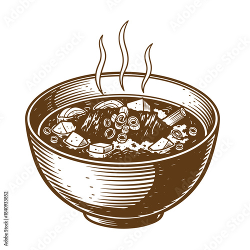A delicious and wholesome bowl of hot soup depicted in a sketch vintage style