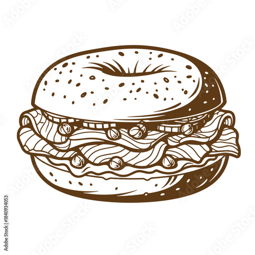 A detailed sketch vintage style illustration of a delicious and appetizing bagel sandwich