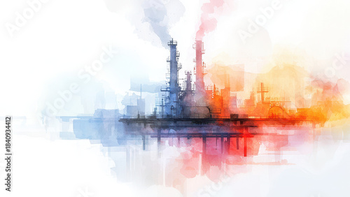Digital painting of industrial landscape featuring smokestacks and refinery, showcasing vibrant colors and watercolor effect. artwork evokes sense