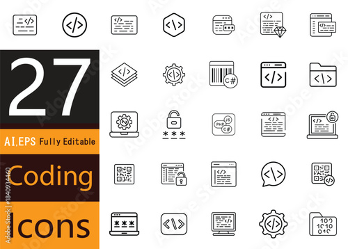 A minimal vector set featuring symbols for coding tasks, software engineering, and interface development.