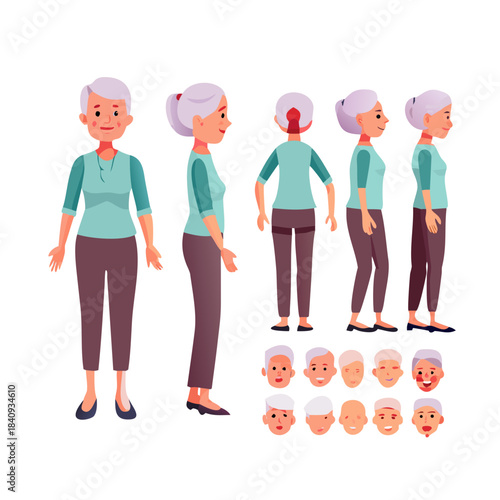 elderly woman character constructor for animation front side and back view set body parts postures poses collection vector illustration 