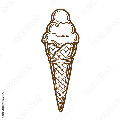 Delicious hand drawn sketch vintage ice cream cone with three scoops illustration