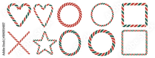 Candy cane twisted border collection, featuring rectangle, circle, star, and heart frames in red and green lollipop style, offering festive striped designs perfect for xmas decor, winter crafts, 