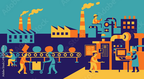 Stylized illustration of factory workers managing assembly lines and production in an industrial setting