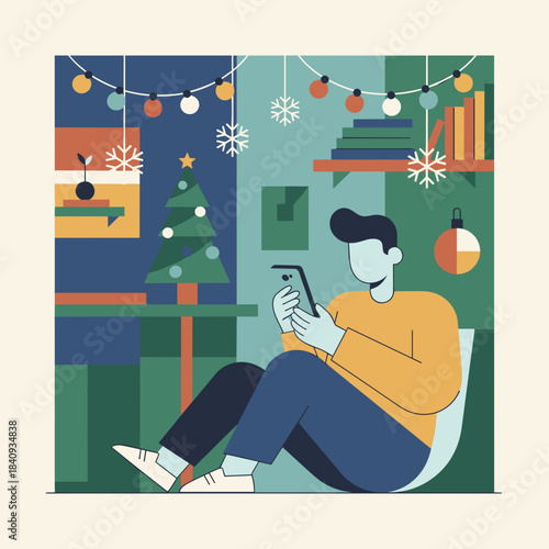 Man uses smartphone at home surrounded by Christmas decorations and lights Holiday digital communication