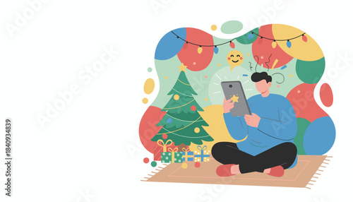 Young man using tablet by Christmas tree celebrating holidays and connecting online