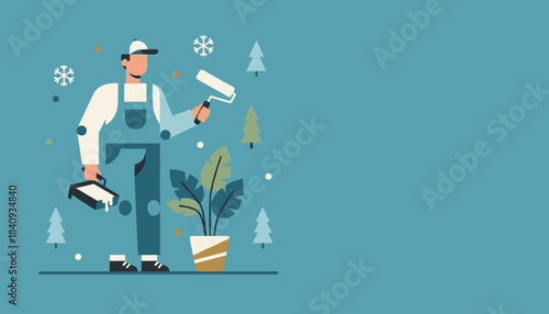 Handyman painter in uniform with roller and paint tray Home renovation professional service