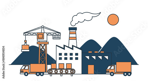 Manufacturing factory and logistics scene with crane trucks and conveyor Production and supply chain icon