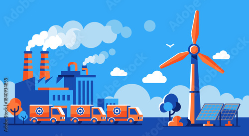 Industrial factory trucks wind turbine and solar panels illustrate sustainable energy and business