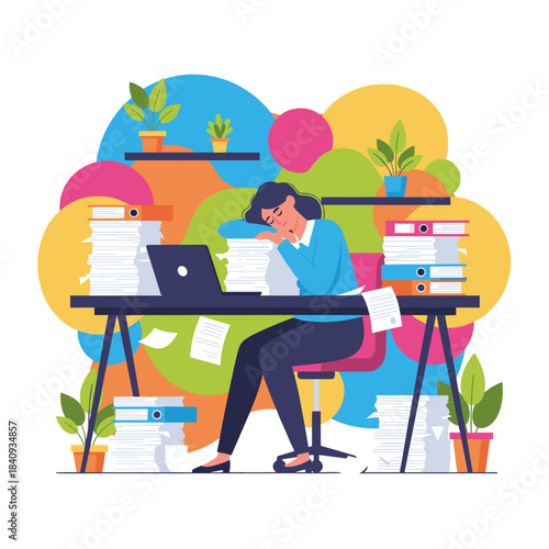 Exhausted business woman napping on her desk amidst piles of documents Overtime and stress