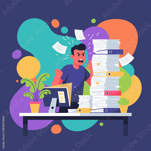 Angry stressed man overwhelmed by massive paperwork stack and office workload pressure