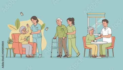 Senior care illustration Nurses help elderly people read walk and socialize in comfort