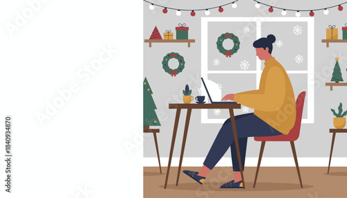 Remote worker using laptop in a cozy Christmasdecorated home office WFH lifestyle vector