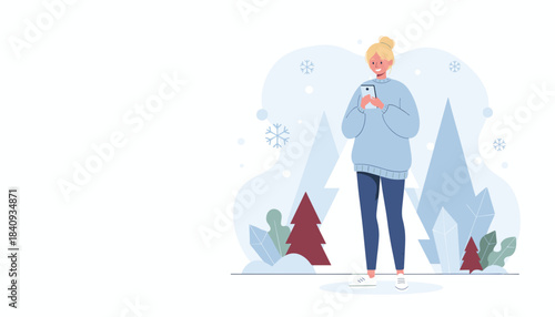 Woman using phone in cold winter landscape Vector illustration of holiday communication