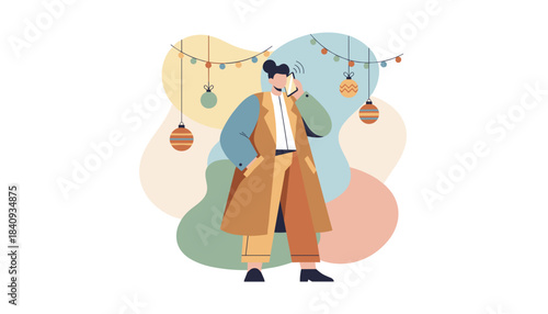 Stylish individual talking on phone surrounded by festive holiday ornaments and lights
