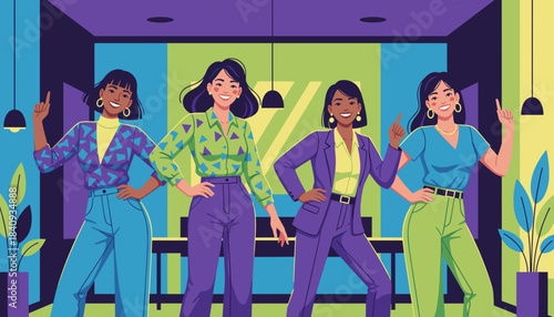 Confident team of diverse women entrepreneurs in a colorful office Collaboration and success concept