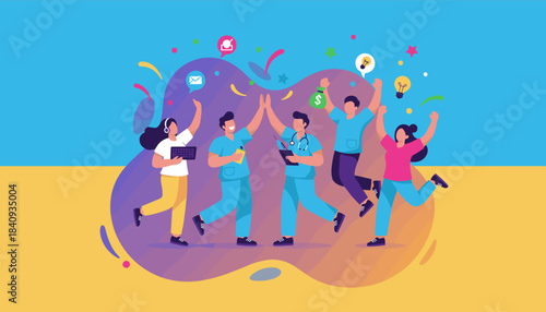 Team celebrating success with high fives Healthcare technology and business collaboration