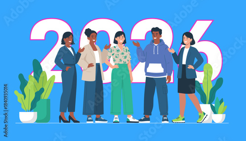 Diverse business team standing against 2026 Forwardlooking professional success concept