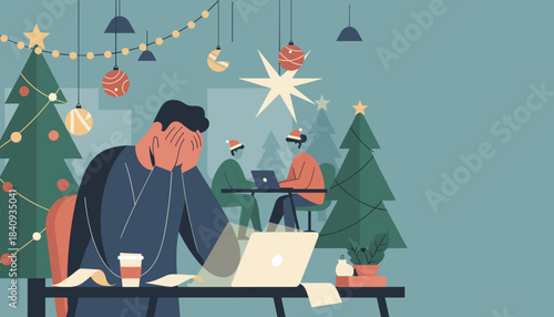 Holiday work stress Tired man covering his face while working on a laptop near Christmas decor