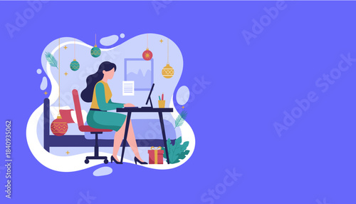 Woman working remotely at a festive desk combining business tasks with holiday cheer