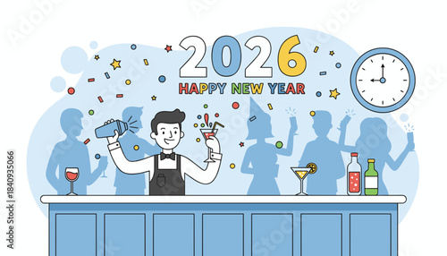 New Year 2026 party with bartender making cocktails for celebrating guests and confetti falling
