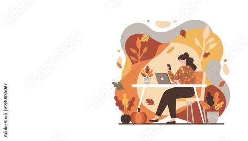 Woman working remotely with laptop and phone in a cozy abstract autumn environment