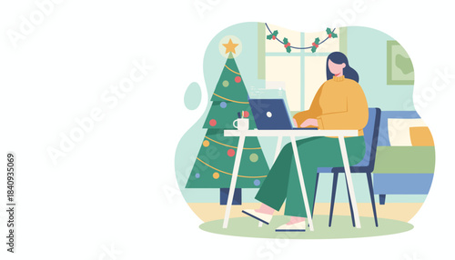 Woman working on laptop at home office decorated for Christmas holidays Remote work concept