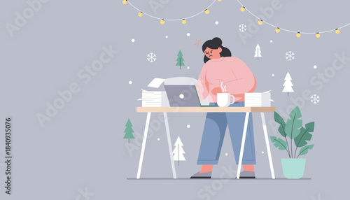 Frustrated businesswoman overloaded with work and deadlines during the busy winter holiday season