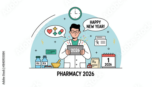 Pharmacist celebrating 2026 New Year focusing on health prescriptions and medical concepts