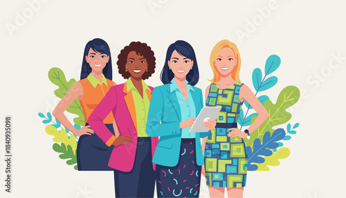 Diverse team of four professional businesswomen smiling confidently symbolizing teamwork and success