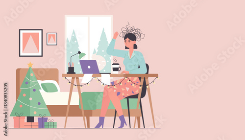 Frustrated woman works remotely on her laptop during the festive Christmas holiday season