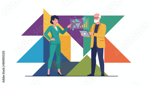 Business team analyzing abstract data graphics and strategy using a tablet