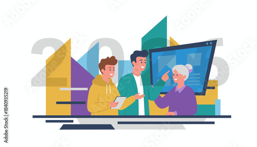 Intergenerational team collaborating on technology and business strategy with data screen