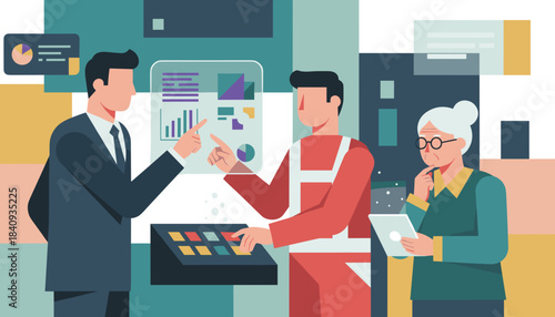 Business team analyzing industrial data on a transparent screen with a worker and manager