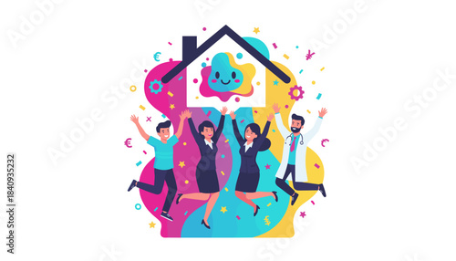 Diverse team celebrating success health and home security with vibrant confetti illustration