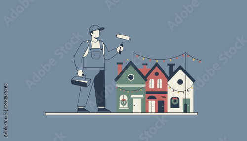 Handyman with roller ready to paint festive homes Home services maintenance and holiday repairs