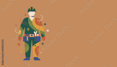 Colorful illustration of a professional worker with a hard hat and tool belt Labor and service concept