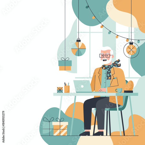 Stylish senior man working remotely on laptop in a festive home office illustration
