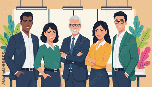 Confident diverse business team collaboration and leadership in a modern office