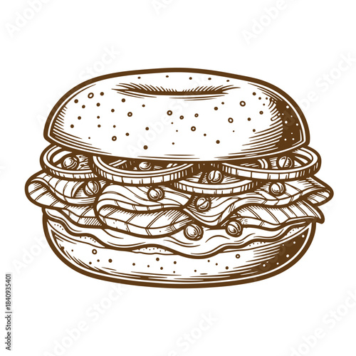 Delicious vintage sketch of a gourmet sandwich with onions and fresh ingredients isolated