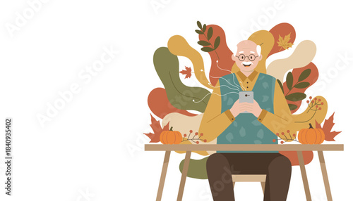 Smiling senior man texting on smartphone with fall leaves and pumpkins Modern aging and digital connectivity