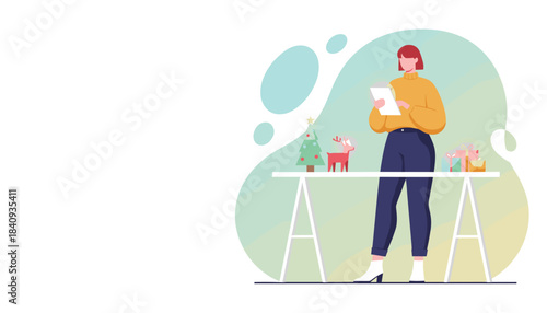 Woman shopping online for Christmas gifts using a tablet planning holiday preparation