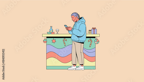 Senior person texts on a phone at a colorful holiday party bar showcasing modern festive technology use
