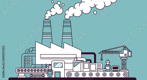 Stylized industrial factory complex with smokestacks workers and assembly line production