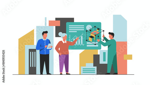 Business team analyzing data charts and 3D structure for strategic planning and growth