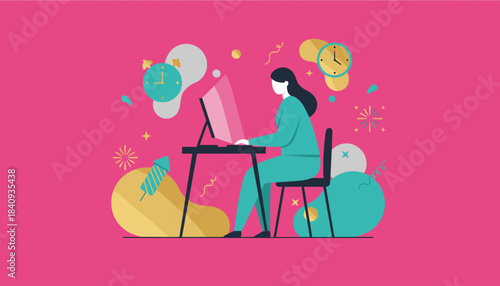 Digital worker preparing for a deadline or new year goals surrounded by time and party elements