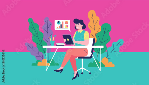 Happy woman analyzing business data on a tablet at a vibrant desk Marketing and finance illustration
