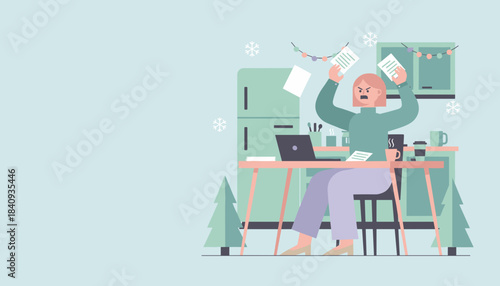 Angry woman overwhelmed by remote work and winter deadlines holiday stress and business burnout concept