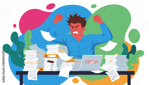 Angry office worker explodes with frustration over massive paperwork piles and an Error message